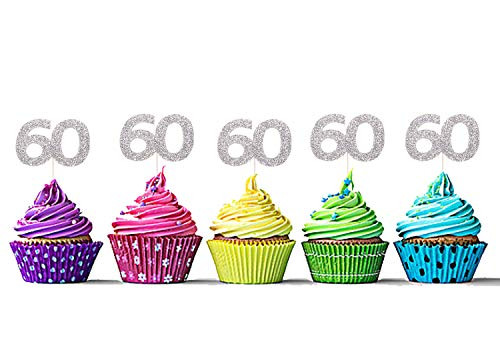 Sumerk 24PCS 60 Cupcake toppers Silver Glitter 60th Birthday Cupcake Picks Anniversary Party Decorations
