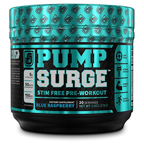 PUMPSURGE Caffeine Free Pump   Nootropic Pre Workout Supplement   Non Stimulant Preworkout Powder   Nitric Oxide Booster   20 Servings Blue Raspberry Flavor