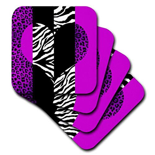 3dRose cst 35435 1 Purple Black and White Animal Print Leopard and Zebra Heart Soft Coasters Set of 4