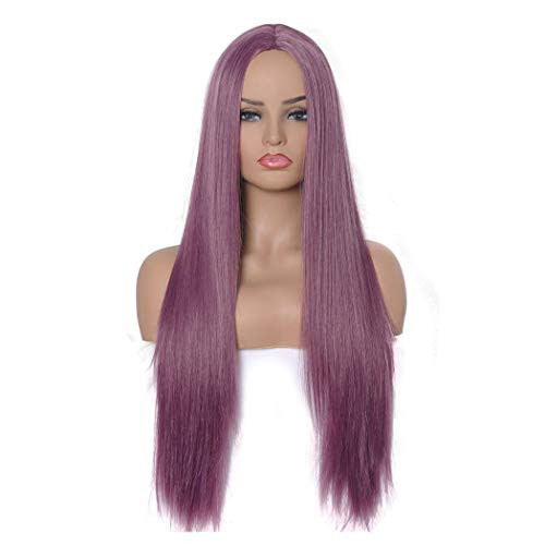 Qaccf Women s Long Straight Middle Part Synthetic Cosplay Costume Full Wig  Purple