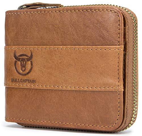 Mens Leather Wallet Zipper RFID Blocking Wallets Coins Purse  Yellow brown