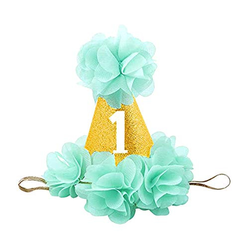 Baby Girl First 1st Birthday Hat Cone 1st Birthday Decorations Party Hat Baby Smash Cake Outfit for Boys Girls First Birthday Hats Glitter Floral Elastic Mini Crown Headband Photo Prop  Blue 1