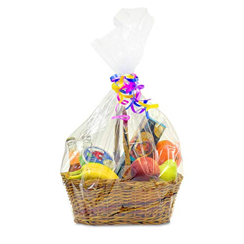 23  x 28  Clear Basket Cellophane Shrink Bag with 4 Accent Ribbon   Large Size Shrink Wrap Cello Bags for Gift Basket Decorations