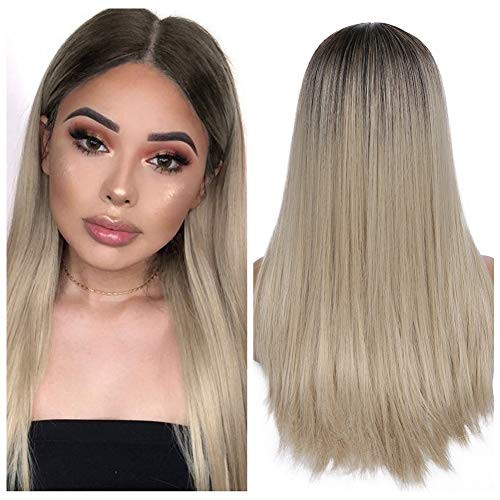 Quantum Love Ombre Ash Blonde Wigs Long Straight Daily Party Wig Glueless Heat Resistant Synthetic Middle Part Wig for Women