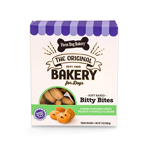 Three Dog Bakery Bitty Bites Trio Soft Baked Cookies for Dogs Three Flavor Pack  Carob Chip Peanut and Vanilla 13 Ounce Box