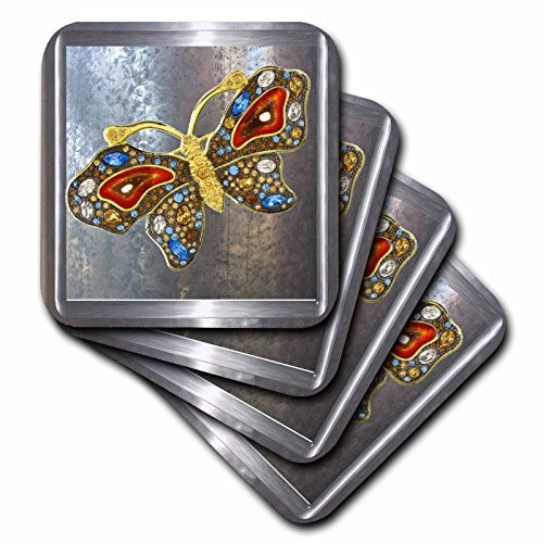 3dRose CST 108069 4 Realistic Looking Silver Frame and Background with Our Glitter Art Butterflies Ceramic Tile Coasters Set of 8