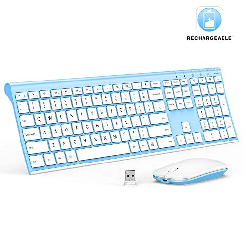 Rechargeable Wireless Keyboard Mouse Jelly Comb 24GHz Ultra Slim Full Size Wireless Keyboard Mouse Combo for Laptop Notebook PC Desktop Computer Windows OS  White and Blue