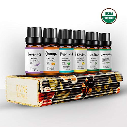 USDA Organic Essential Oils In Handmade Wooden Box   Aromatherapy Therapeutic Stress Relief   Lavender Peppermint Tea Tree Lemon Orange Eucalyptus   Perfect Gift for Women