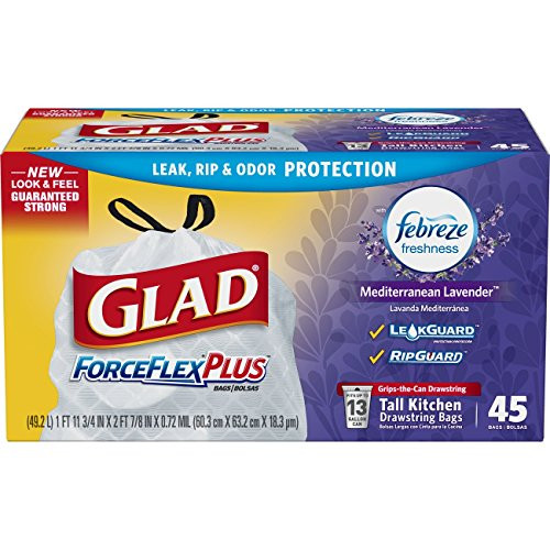 Glad ForceFlex OdorShield Tall Kitchen Drawstring Trash Bags - Febreze Lavender Breeze - 13 Gallon - 45 Count
