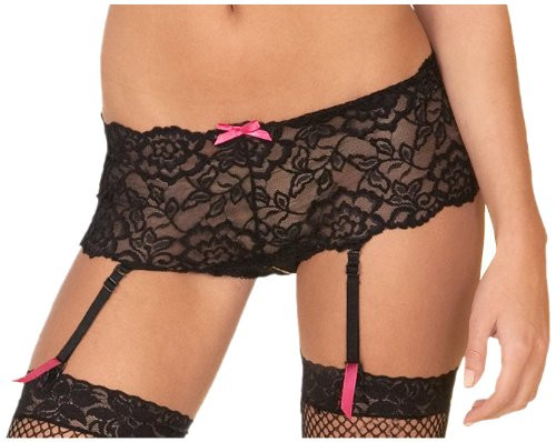 Rene Rofe Women s Crotchless Lace Boyleg with Removable Garters Black Small Medium