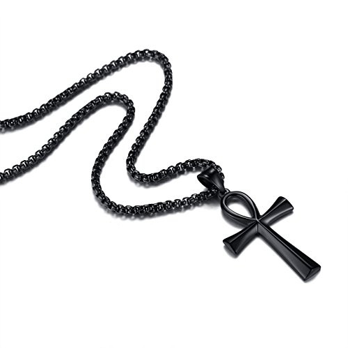 Reve Stainless Steel Coptic Ankh Cross Religious Pendant Necklace for Men Women 20 24 Inches Chain  Black Tone  20   Rolo Chain