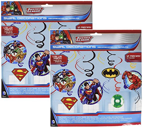 Adventure Filled Justice League Birthday Party Hanging Swirl Value Pack Decorations, Multi Colored, Foil, Assorted Sizes, 12-Piece (2 pack)