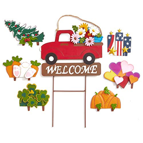 The Lakeside Collection 8 Pc Interchangeable Garden Truck Stake Set with Seasonal Sign Loads