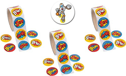 300 Superhero Stickers - 3 Rolls plus 1 Armored Superhero Button by AMA