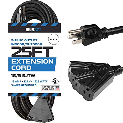 25 Ft Outdoor Extension Cord with 3 Electrical Power Outlets   16 3 SJTW Durable Black Cable