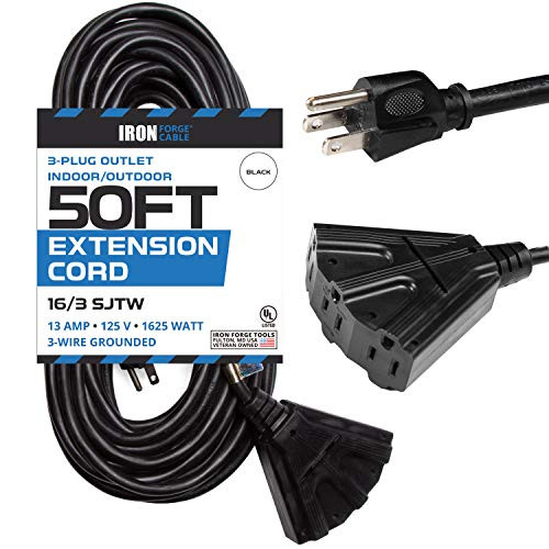 50 Ft Outdoor Extension Cord with 3 Electrical Power Outlets   16 3 SJTW Durable Black Cable
