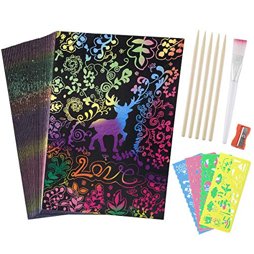 E Shop LLC Scratch Art Paper Set 50 Piece Rainbow Magic Scratch Paper Craft Kit for Kids Black Scratch Off DIY Art Crafts Notes Boards Sheet with 5 Wooden Stylus