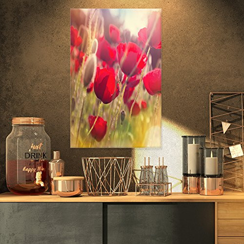 Designart Poppy Meadow in Sunlight Large Flower Canvas Wall Art 16x32 Red