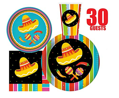 Serves 30   Complete Party Pack   Fiesta Party Supplies   9  Dinner Paper Plates   7  Dessert Paper Plates   12 oz Cups   3 Ply Napkins   Fiesta Themed Party Supplies