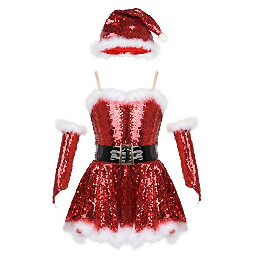 MSemis Girls Christmas Santa Dance Costume Sequins Tutu Dress with Hat Ice Ice Skating Stage Suit Santa Red 7 8