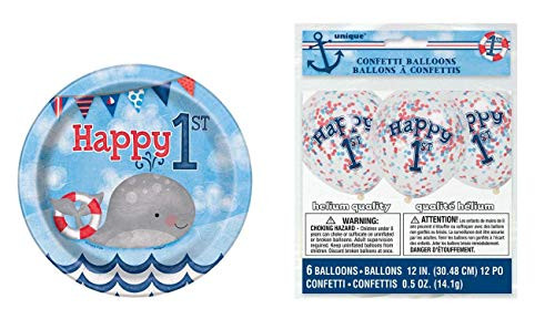 Pack of 8 Unique Industries 7" Nautical Boys First Birthday Paper Dessert Plates with Pack of 6 Unique Industries 12" Nautical Boys 1st Birthday Confetti Balloons