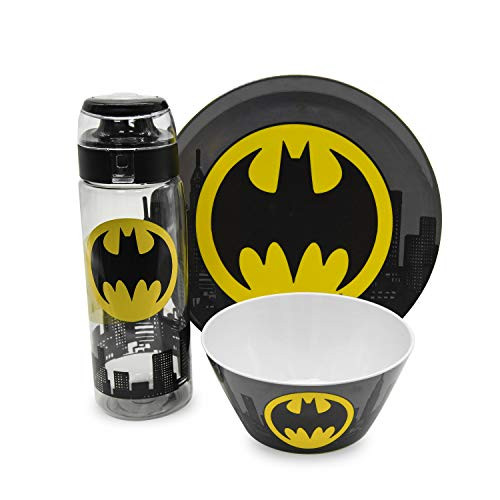 Zak Designs DC Comics Batman Dinnerware Set Includes Plate Bowl and 25oz Water Bottle Made of Durable Material and Perfect for Kids  Batman 3 Piece Set BPA Free