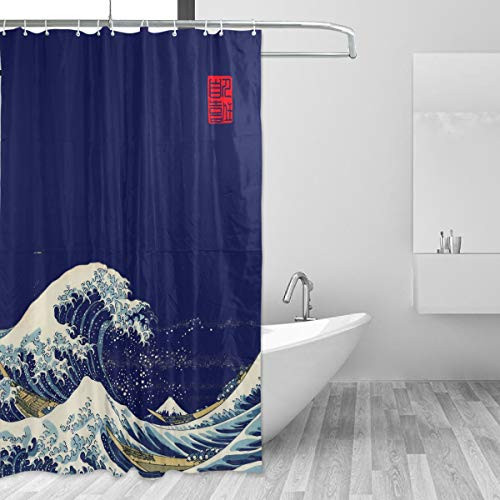WELLDAY Premium Japanese Wave Shower Curtain Aquatic Swirls Birds of Ocean Ukiyo e Style Artwork Greyscale Background Fabric Bathroom Decor Set with Hooks Blue   60x72 inch