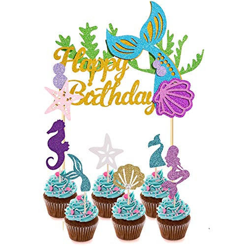 Since1989 1 Pcs Glitter Happy Birthday Mermaid Cake Topper and 24 Pcs Mermaid Cupcake Toppers for Baby Shower Under the Sea Brithday Party Mermaid Birthday Party Supplies favors Decorations Since1989 1 Pcs Glitter Happy Birthday Mermaid Cake Topper and 24 Pcs Mermaid Cupcake Toppers for Baby Shower Under the Sea Brithday Party Mermaid Birthday Party Supplies favors Decorations