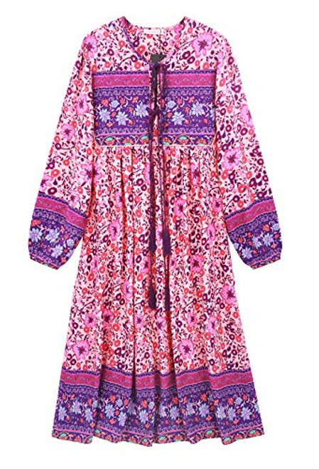 RVivimos Women s Long Sleeve Floral Print Retro V Neck Tassel Bohemian Midi Dresses  Large Pink