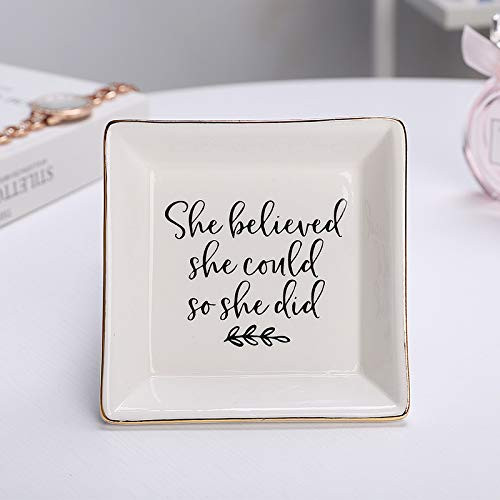 Gift for Girlfriend She Believed She Could So She Did Ceramic Ring Dish Decorative Jewelry Tray Square Ring Trinket DishGifts for Your Girl Birthday Thanksgiving Day Christmas