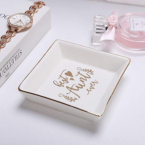 Gift for Aunties Best Aunt Ever Ceramic Ring Dish Decorative Jewelry Tray Square Ring Trinket DishGifts for Your Aunt Birthday Thanksgiving Day Christmas