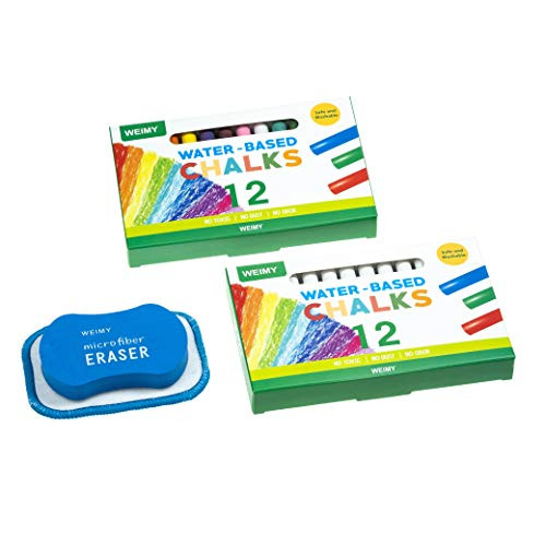 WEIMY Premium Non Toxic White Dustless Chalk  12 ct Box  and Colored Dustless Chalk  12 ct Box  Bundle Truly Dust Free Chalk for Art Decorating Whiteboard Blackboard Includes Kids Chalkboard Eraser