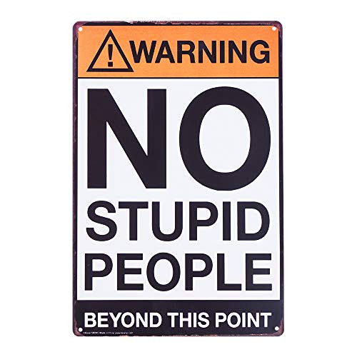 TDHDIKE Retro Fashion Chic Funny Metal Tin Sign Warning No Stupid People Beyond This Point