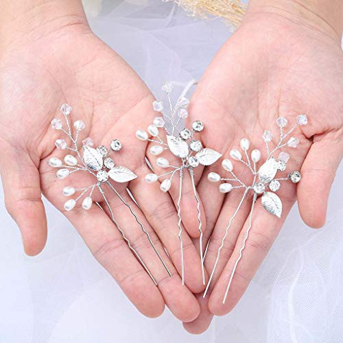 Olbye Wedding Hair Pins Pearl Leaf Bridal Hair Accessories for Brides and Bridesmaids Headpieces 3 Packs  Silver