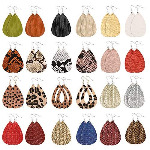 Sntieecr 24 Pairs Faux Leather Earrings Teardrop Dangle Earring Set Lightweight Antique Leaf Leather Earrings Leopard Print Petal Drop Earrings for Women Fashion Decoration