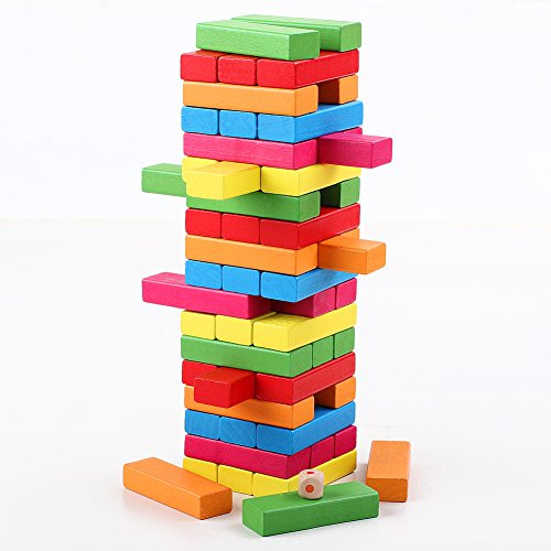 QZM Wooden Stacking Games Hardwood Blocks Tumble Tower Building Toys Color Match 54 pieces