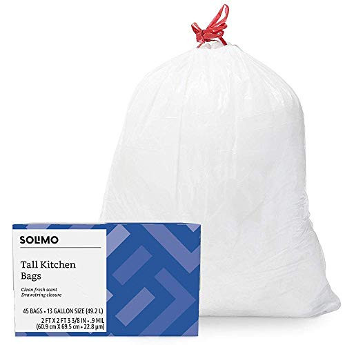 Amazon Brand   Solimo Tall Kitchen Drawstring Trash Bags Clean Fresh Scent 13 Gallon 45 Count