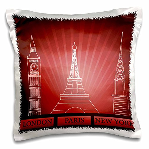 3dRose pc_101397_1 London, Paris and New York Historical Structures In Deep Red-Pillow Case, 16 by 16"