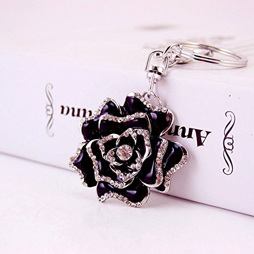 Reizteko Blossoming Rose Keychain Sparkling Flower Keyring Crystal Rhinestones Purse Pendant Handbag Charm  Black