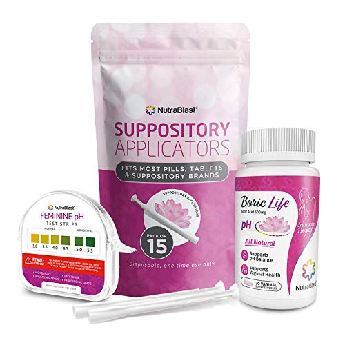 NutraBlast Boric Acid Suppositories 600mg  30 Count  w NutraBlast Disposable Vaginal Suppository Applicators  15 Pack  and Feminine pH Test Strips 1 14  100 Tests Roll