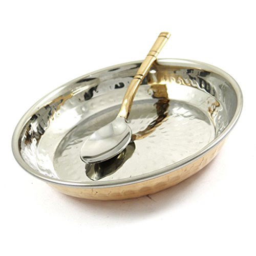 Special Authentic Traditional Indian Copper Steel Serving Plate with Spoon Tableware Dinnerware Kitchen Utensils