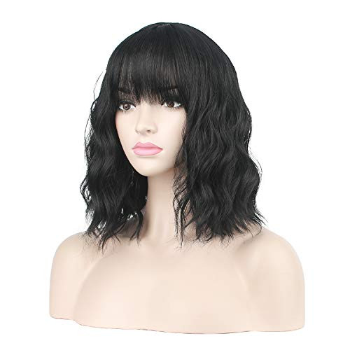 Jesban Black Wig for Women Short Curly Bob Wigs with Bangs for Girls Synthetic Fiber Black Wigs with Wig Cap