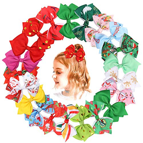 21 Pcs Set 38   Christmas Hair Bow Grosgrain Ribbon Bow Santa Claus Tree Print Alligator Clips Hair Bows Hair Accessories Gift