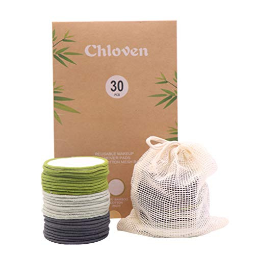 Chloven 30 Pack Organic Reusable Makeup Remover Pads   Bamboo Reusable Cotton Rounds for Toner Washable Eco Friendly Pads for all Skin Types with Cotton Laundry Bag