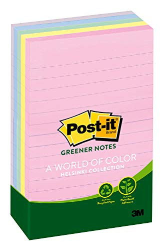 Post-it Greener Notes,  Americas #1 Favorite Sticky Note, 4 in x 6 in, Helsinki Collection, Lined, 5 Pads/Pack, 100 Sheets/Pad (660-RP-A)