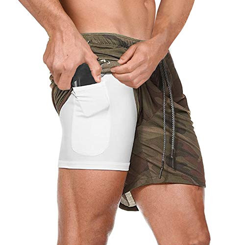 FEDTOSING Men s 2 in 1 Workout Running Shorts Athletic Quick Dry Training Gym Shorts with Zipper Pockets  XS Camo Brown