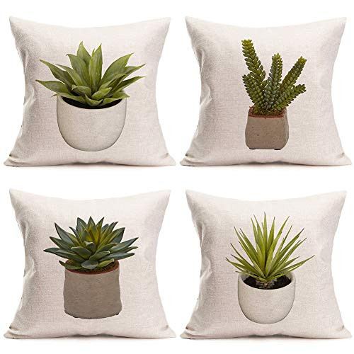 ShareJ Decorative Pillows Covers Set of 4 Green Plant Pot Bonsai Throw Pillow Covers Cotton Linen Modern Home Cushion Covers for Sofa 18 x18 Inches