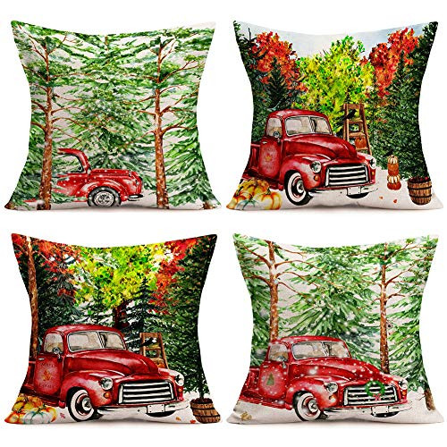 ShareJ Christmas Tree and Red Truck Holiday Throw Pillow Covers 18x18 Inches Thanksgiving Cotton Linen Autumn Winter Farmhouse Decorative Pillow Cases Set of 4 ShareJ Christmas Tree and Red Truck Holiday Throw Pillow Covers 18x18 Inches Thanksgiving Cotton Linen Autumn Winter Farmhouse Decorative Pillow Cases Set of 4