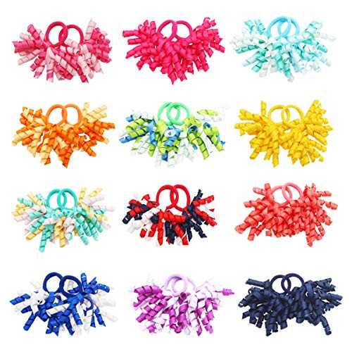 24Pcs 12Pair Baby Girls Elastic Hair Ties 3Inch Mix Color Grosgrain Ribbon Curly Korker Bows with Ties Kids Children Rubber Bands Ponytail Holders for Girls Teens Toddlers