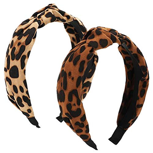 pengxiaomei 2 pcs Leopard Print Headband for Women Vintage Wide Knotted Headbands Faux Pearl   Leopard Turban Headbands with Elastic Hair Hoop Hair Accessories for Women Girls